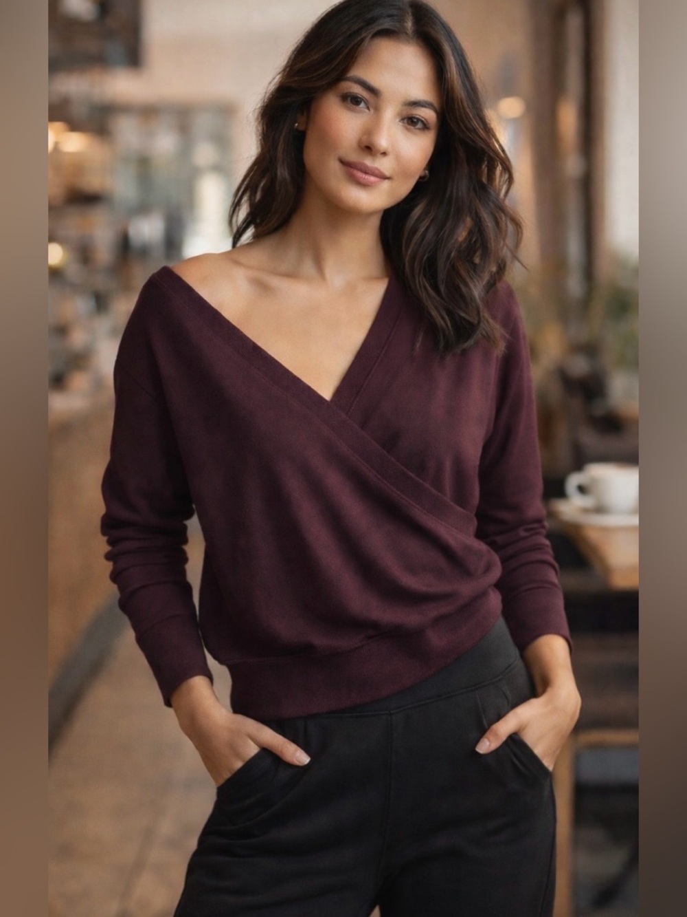 Athleta Wrap Sweatshirt XS Burgundy Plum Crossover Front Soft Tencel Athleisure